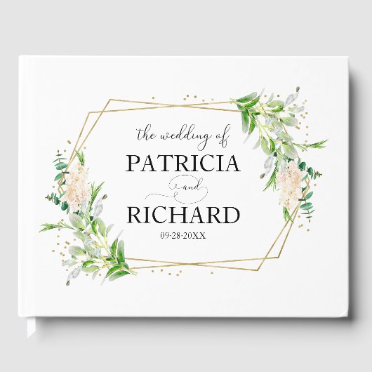 金ゴールド幾何学的な緑のエレガントな結婚式 ゲストブック (正面)