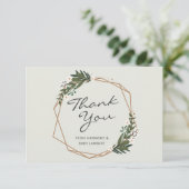 金ゴールド幾何学的な緑男女兼用の赤ちゃんシャワー サンキューカード (スタンド正面)