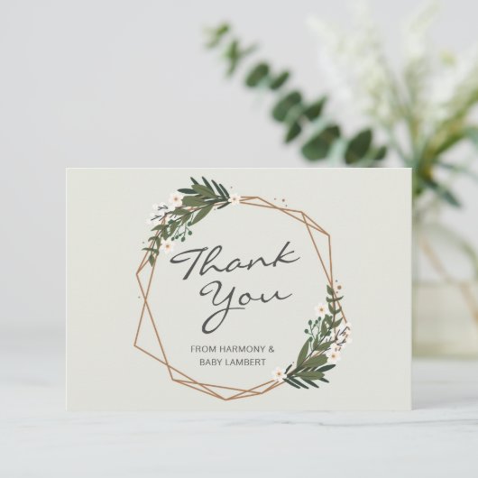 金ゴールド幾何学的な緑男女兼用の赤ちゃんシャワー サンキューカード (スタンド正面)