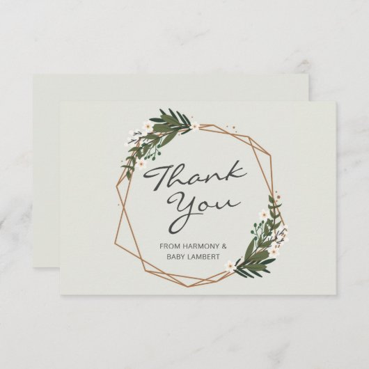 金ゴールド幾何学的な緑男女兼用の赤ちゃんシャワー サンキューカード (正面/裏面)