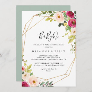 金ゴールド幾何学的な緑BabyQベビーシャワーバーベキュー 招待状