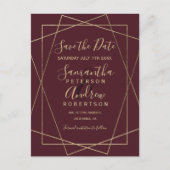 金ゴールド幾何学的な赤いブルゴーニュのスクリプト日付を保存 案内ポストカード (正面)