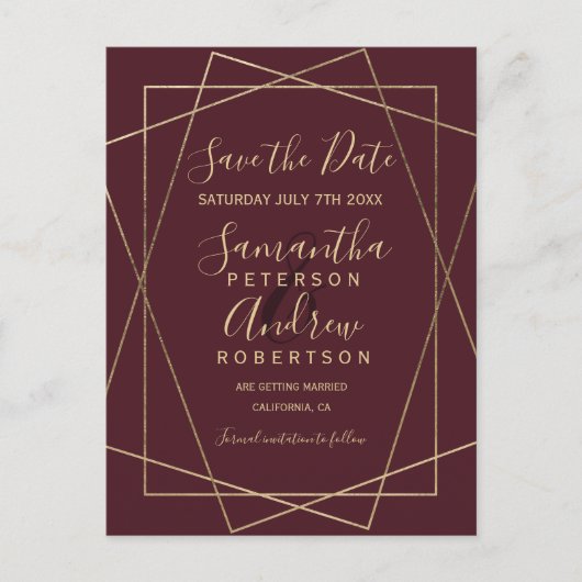 金ゴールド幾何学的な赤いブルゴーニュのスクリプト日付を保存 案内ポストカード (正面)