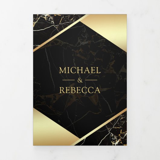 金ゴールド幾何学的な黒い大理石の結婚写真 三つ折り招待状 (カバー)