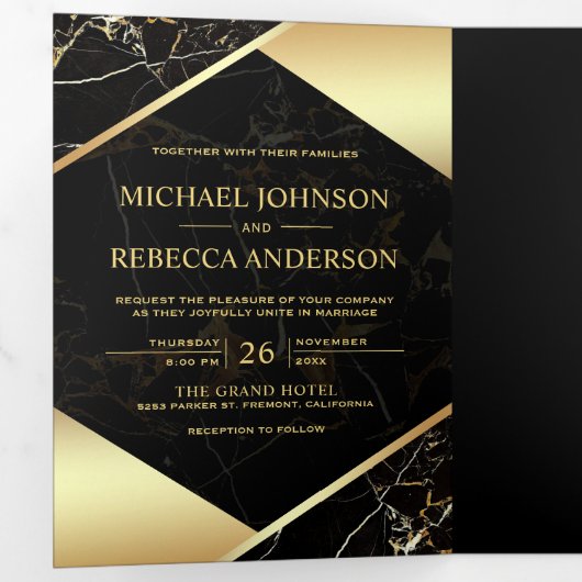 金ゴールド幾何学的な黒い大理石の結婚写真 三つ折り招待状 (内部最初)