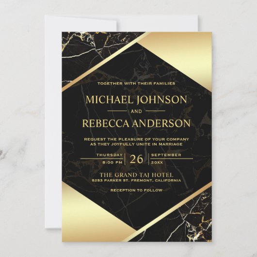 金ゴールド幾何学的な黒い大理石の結婚写真 招待状 (正面)