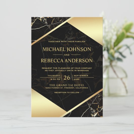 金ゴールド幾何学的な黒い大理石の結婚写真 招待状 (スタンド正面)