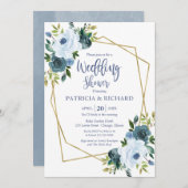 金ゴールド幾何学的ほこりっぽいブルーフローラウェディングシャワー 招待状 (正面/裏面)