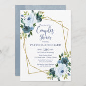 金ゴールド幾何学的ほこりっぽい青いフローラカップルのシャワー 招待状 (正面/裏面)