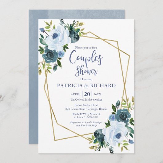 金ゴールド幾何学的ほこりっぽい青いフローラカップルのシャワー 招待状 (正面/裏面)