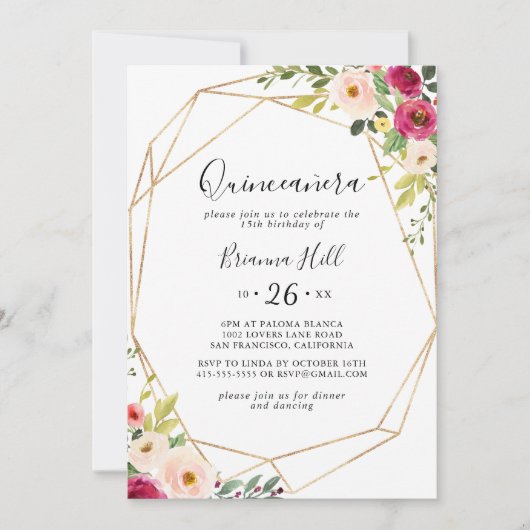 金ゴールド幾何学的グリーンリーピンクフローラクインセアニラ 招待状 (正面)