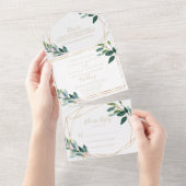 金ゴールド幾何学的シック結婚ユーカリ オールインワン招待状 (貼ってはがせる)