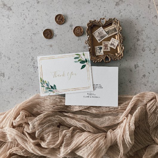 金ゴールド幾何学的シック結婚ユーカリ サンキューカード