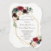 金ゴールド幾何学的ダイヤモンドブルゴーニュフローラ婚約 招待状 (正面/裏面)