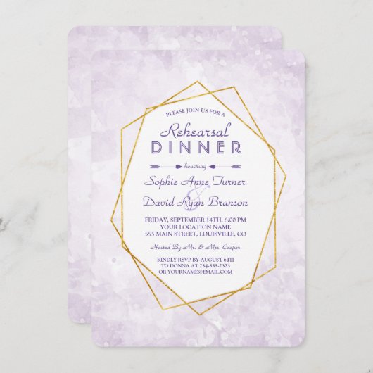 金ゴールド幾何学的ダイヤモンドラベンダーリハーサルディナー 招待状 (正面/裏面)