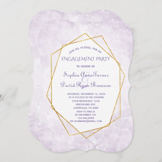 金ゴールド幾何学的ダイヤモンドラベンダー婚約パーティ 招待状 (正面/裏面)
