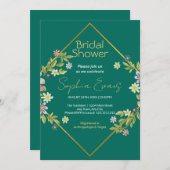 金ゴールド幾何学的ダークグリーンフローラブライダルシャワー 招待状 (正面/裏面)
