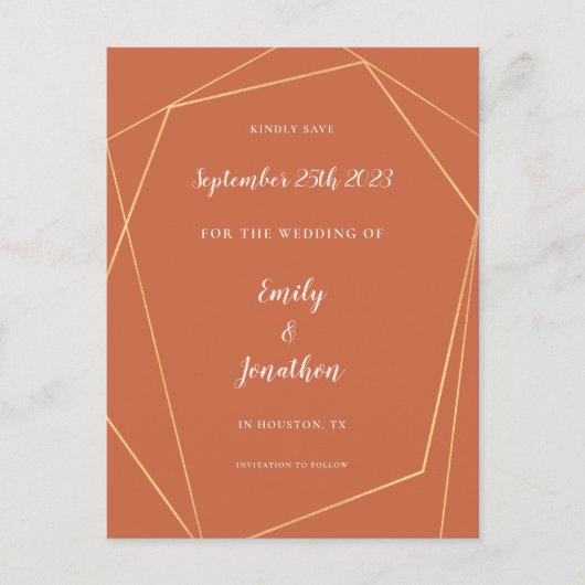 金ゴールド幾何学的テラコッタウェディング日付を保存してAn 案内ポストカード (正面)