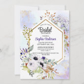 金ゴールド幾何学的パープルフローラブライダルシャワー 招待状 (正面)
