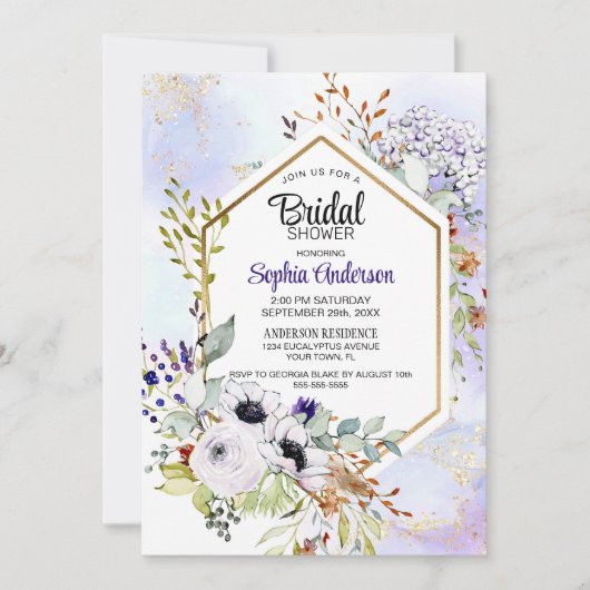 金ゴールド幾何学的パープルフローラブライダルシャワー 招待状 (正面)