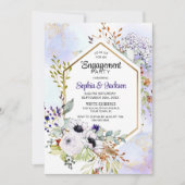 金ゴールド幾何学的パープルフローラ婚約パーティ 招待状 (正面)