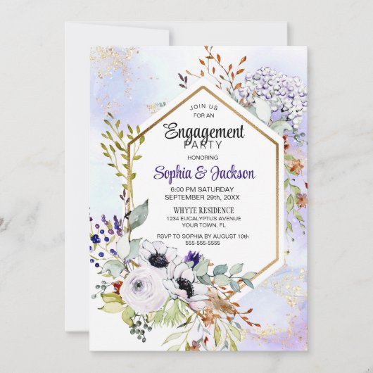 金ゴールド幾何学的パープルフローラ婚約パーティ 招待状 (正面)