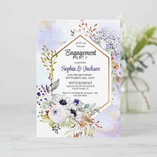 金ゴールド幾何学的パープルフローラ婚約パーティ 招待状 (スタンド正面)