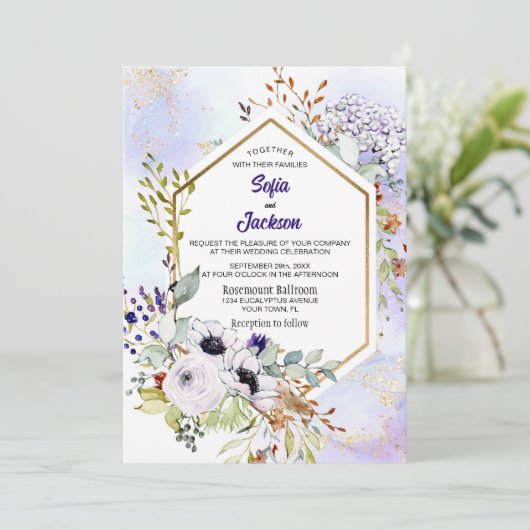 金ゴールド幾何学的パープルフローラ結婚ズ 招待状 (スタンド正面)