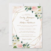 金ゴールド幾何学的ピンクフローラ結婚式招待状 招待状 (正面)