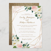 金ゴールド幾何学的ピンクフローラ結婚式招待状 招待状 (正面/裏面)