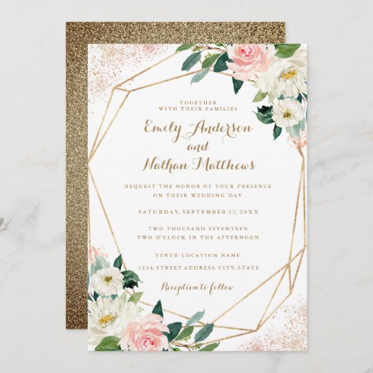 金ゴールド幾何学的ピンクフローラ結婚式招待状 招待状 (正面/裏面)