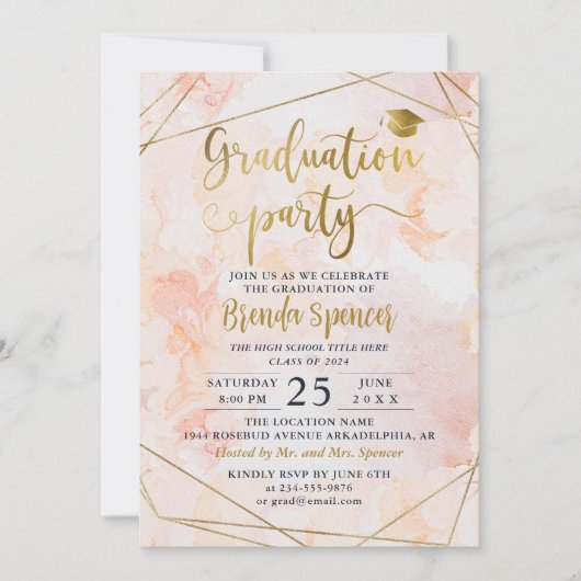 金ゴールド幾何学的ピンク水彩写真卒業 招待状 (正面)
