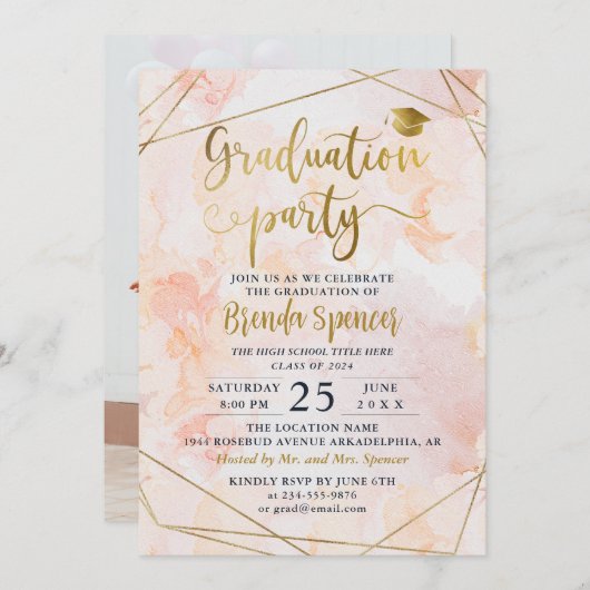 金ゴールド幾何学的ピンク水彩写真卒業 招待状 (正面/裏面)