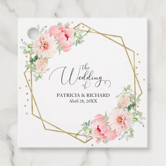 金ゴールド幾何学的ピンク赤面フローラ結婚の フェイバータグ (正面)