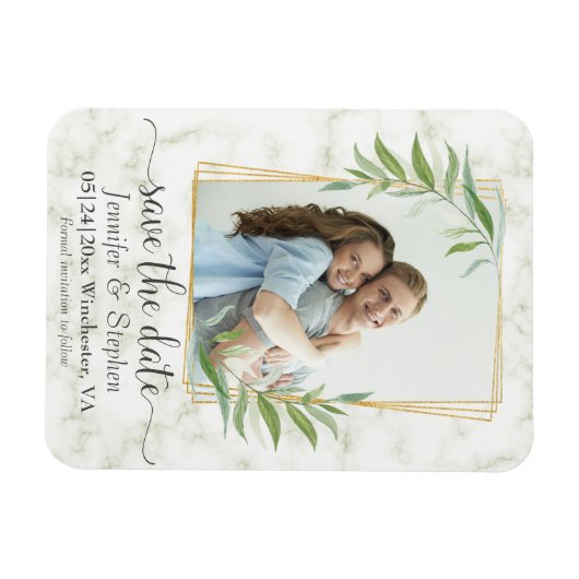 金ゴールド幾何学的フォトウェディング日付の保存 マグネット (横)