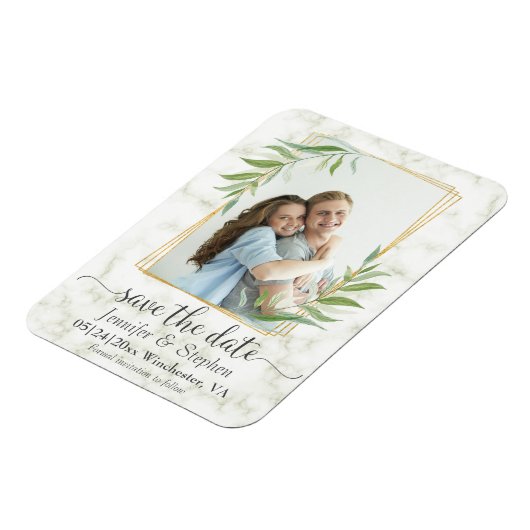 金ゴールド幾何学的フォトウェディング日付の保存 マグネット (左側)