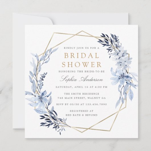 金ゴールド幾何学的フローラブルー離れブライダルシャワー 招待状 (正面)