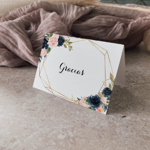 金ゴールド幾何学的フローラ結婚折り畳みGraciasカード サンキューカード