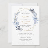 金ゴールド幾何学的フローラ葉ブルーフレ結婚ーム 招待状 (正面)