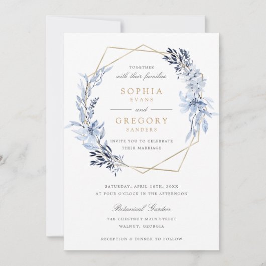 金ゴールド幾何学的フローラ葉ブルーフレ結婚ーム 招待状 (正面)