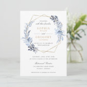 金ゴールド幾何学的フローラ葉ブルーフレ結婚ーム 招待状 (スタンド正面)