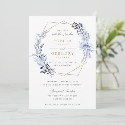 金ゴールド幾何学的フローラ葉ブルーフレ結婚ーム 招待状 (スタンド正面)