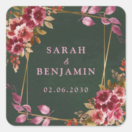 金ゴールド幾何学的ブルゴーニュとグリーン結婚フローラ スクエアシール