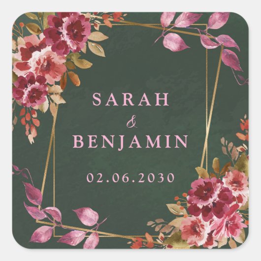 金ゴールド幾何学的ブルゴーニュとグリーン結婚フローラ スクエアシール (正面)