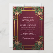 金ゴールド幾何学的ブルゴーニュとグリーン結婚フローラ 招待状 (正面)