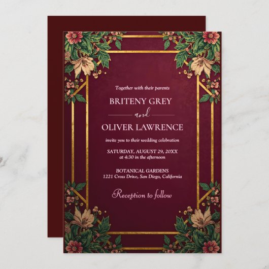 金ゴールド幾何学的ブルゴーニュとグリーン結婚フローラ 招待状 (正面/裏面)