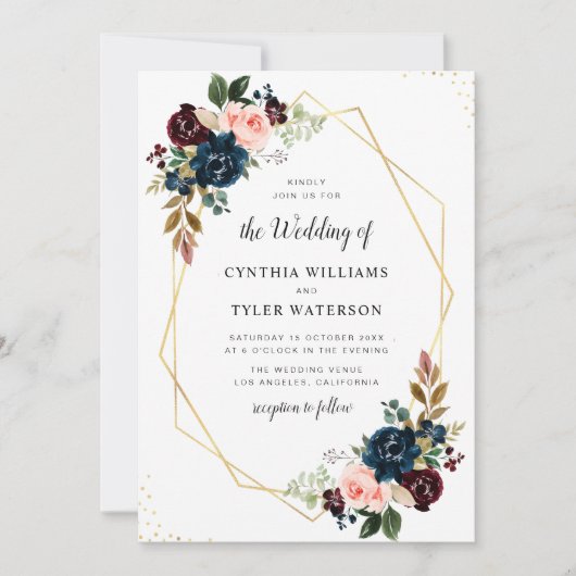 金ゴールド幾何学的ブルゴーニュとネイビー結婚フローラ 招待状 (正面)