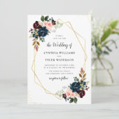 金ゴールド幾何学的ブルゴーニュとネイビー結婚フローラ 招待状 (スタンド正面)