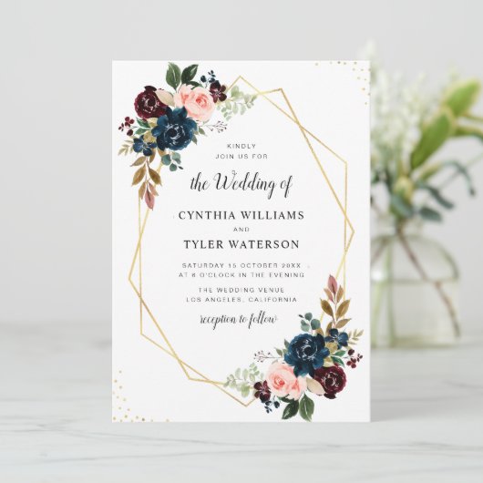 金ゴールド幾何学的ブルゴーニュとネイビー結婚フローラ 招待状 (スタンド正面)