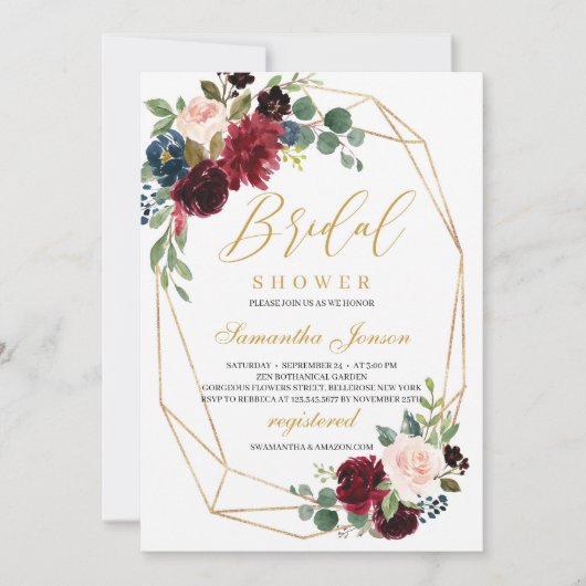 金ゴールド幾何学的ブルゴーニュと赤面ピンクフローラ 招待状 (正面)